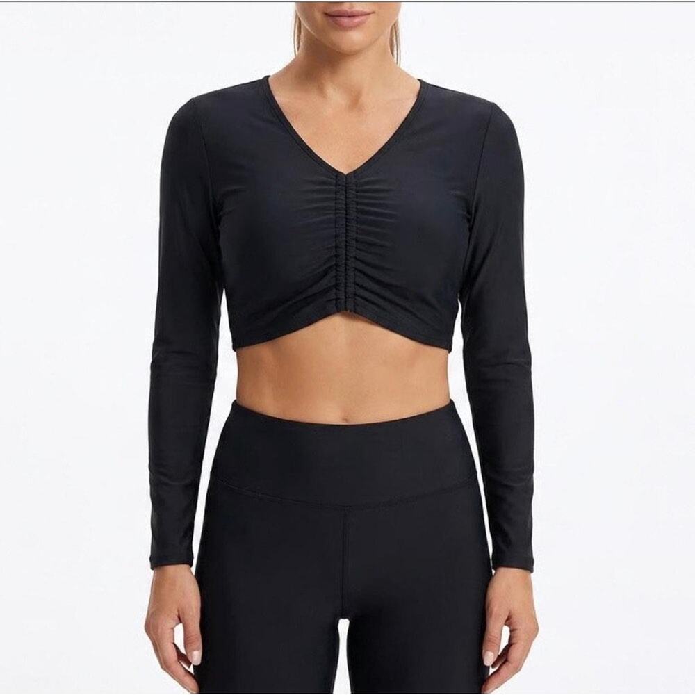 Calia black ruched top swim collection. Rash guard size XS